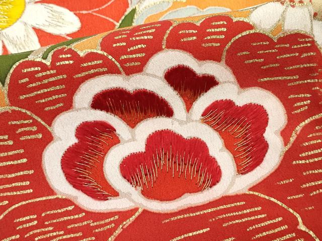 平和屋着物●極上 アンティーク 大正ロマン 振袖 駒刺繍 松竹梅檜扇花文 黒地 金彩 逸品 CZAA4619s6