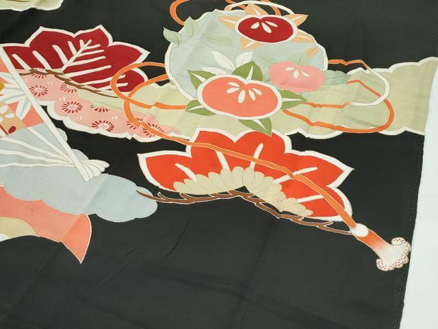 平和屋着物●極上 アンティーク 大正ロマン 振袖 駒刺繍 松竹梅檜扇花文 黒地 金彩 逸品 CZAA4619s6
