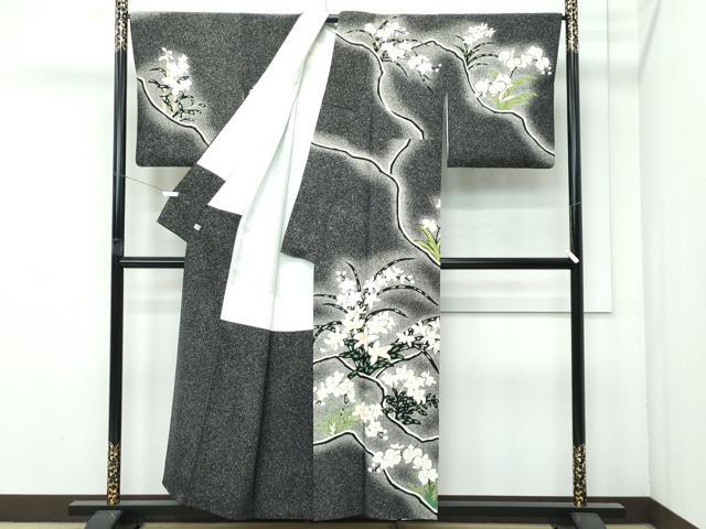 平和屋本店●極上 訪問着 作家物 川勝 草花文 たたき染め 黒地 金彩 逸品 CZAA4628s6