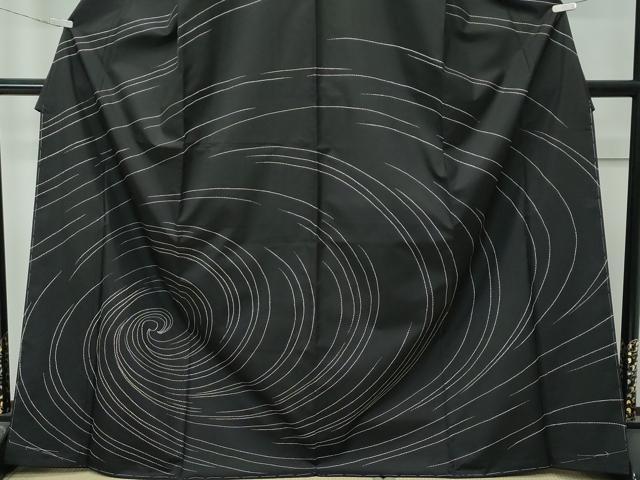 平和屋本店●極上 訪問着 紬地 刺し子 渦巻 黒地 逸品 未使用 CZAA4629s6