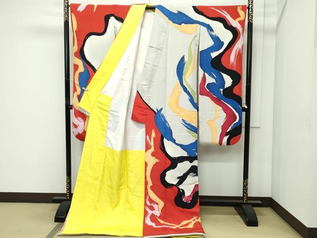 平和屋本店●希少 芸術家 岡本太郎 お引きずり・お引き摺り・引き振袖 和装 結婚式 舞妓 芸妓 芸者 墨流し文様 銀通し地 逸品 CZAA4645s6
