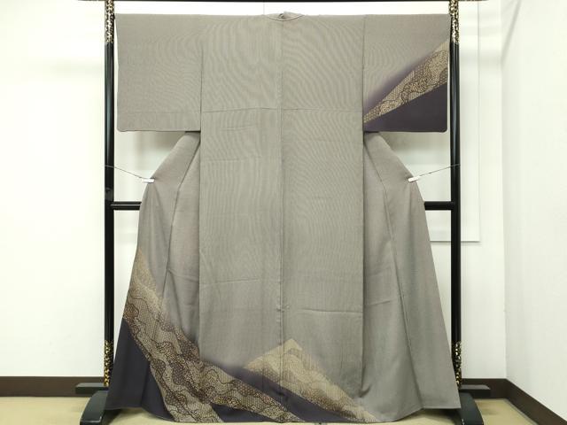平和屋着物●極上　印傳　訪問着　江戸小紋　万筋　黒紅×亜麻色　草花文　暈し染め　逸品　CZAA4649s6 平和屋着物○極上 印傳 訪問着 江戸小紋 万筋 黒紅×亜麻色 草花文 暈し