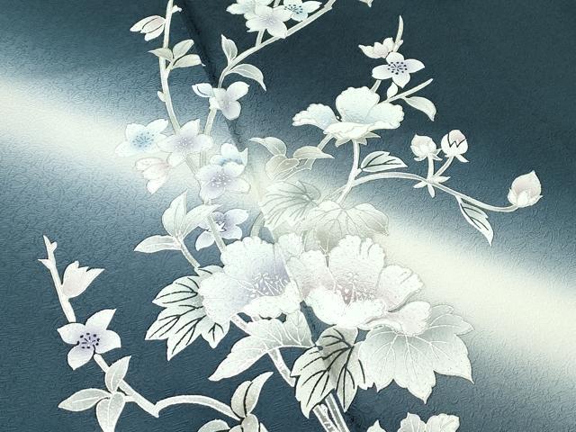 平和屋着物●極上 銀彩作家 澤江隆史 訪問着 葡萄蔦の葉草花文 暈し染め 銀彩 錆鉄御納戸色地 反端付き 逸品 未使用 CZAA4700s6