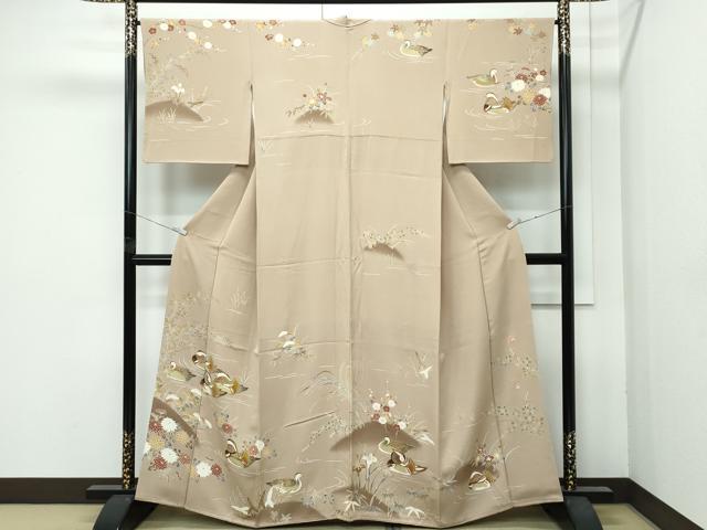 平和屋本店●極上 本加賀友禅作家 木村雨山画 染色工芸作家 吉田芳彩作 訪問着 鴛鴦草花文 暈し染め 枯色地 逸品 CZAA5772s6