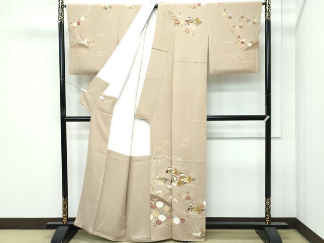 平和屋本店●極上 本加賀友禅作家 木村雨山画 染色工芸作家 吉田芳彩作 訪問着 鴛鴦草花文 暈し染め 枯色地 逸品 CZAA5772s6