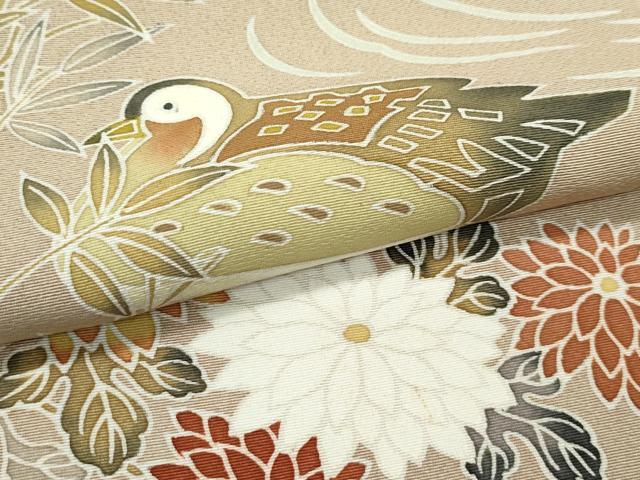 平和屋本店●極上 本加賀友禅作家 木村雨山画 染色工芸作家 吉田芳彩作 訪問着 鴛鴦草花文 暈し染め 枯色地 逸品 CZAA5772s6