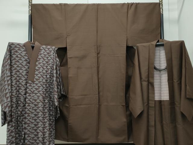 平和屋本店●極上 男性 紬 アンサンブル・長襦袢セット 色無地 涅色 逸品 CZAA4710s6