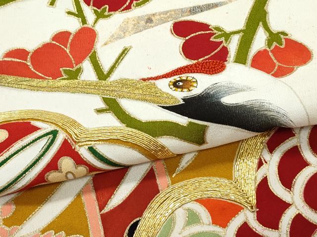平和屋本店●極上 アンティーク 大正ロマン 振袖 駒刺繍 飛鶴花松文 金銀彩 逸品 CZAA4719s6