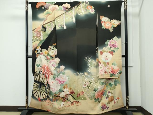 平和屋着物●極上　アンティーク　大正ロマン　振袖　刺繍　花車文　暈し染め　黒地　金彩　逸品　CZAA4720s6 平和屋着物○極上 アンティーク 大正ロマン 振袖 刺繍 花車文 暈し染め