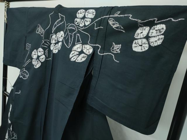 平和屋着物∴極上 夏物 浴衣 訪問着 有松鳴海絞り 朝顔 黒緑色地 綿 逸品 CZAA4729s6