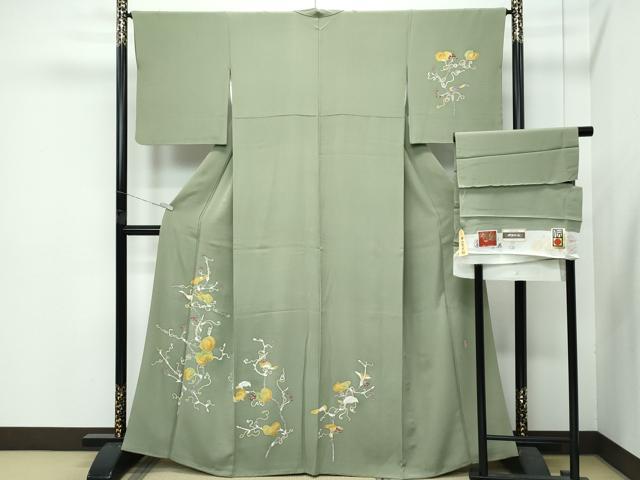 平和屋本店●極上　本加賀友禅作家　押田正義　訪問着　山帰来落　鶸茶色地　証紙付き　逸品　CZAA4739s6 平和屋本店○極上 本加賀友禅作家 押田正義 訪問着 山帰来落 鶸