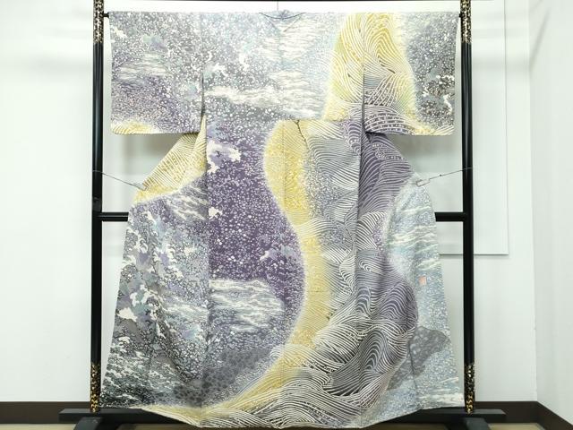 平和屋本店●極上　十日町　名門　滝泰謹製　訪問着　絞り　立波霞文　暈し染め　金通し地　反端付き　逸品　CZAA4761s6 平和屋本店○極上 十日町 名門 滝泰謹製 訪問着 絞り 立波霞文