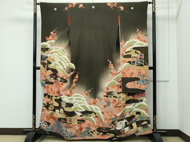 平和屋着物●極上 アンティーク 大正ロマン 振袖 刺繍 松竹梅 暈し染め 黒地 逸品 CZAA4770s6