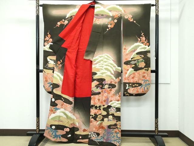 平和屋着物●極上 アンティーク 大正ロマン 振袖 刺繍 松竹梅 暈し染め 黒地 逸品 CZAA4770s6