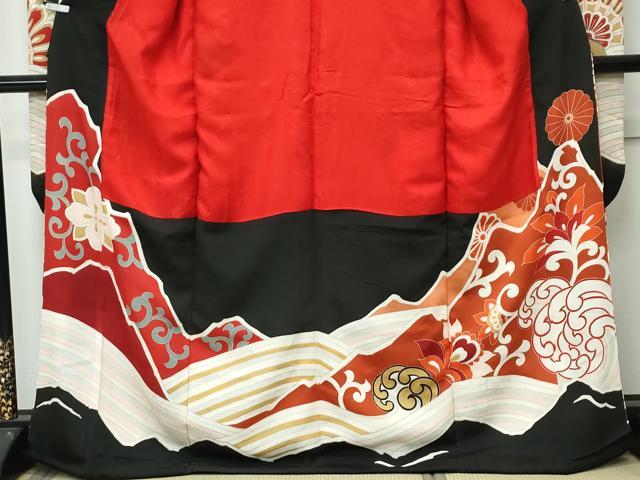 平和屋本店●極上 アンティーク 大正ロマン 振袖 駒刺繍 立波飛鶴花文 黒地 金彩 逸品 CZAA4771s6