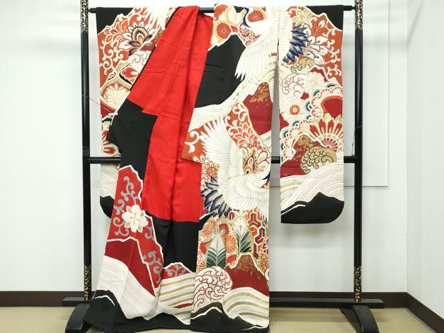 平和屋本店●極上 アンティーク 大正ロマン 振袖 駒刺繍 立波飛鶴花文 黒地 金彩 逸品 CZAA4771s6