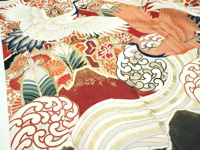 平和屋本店●極上 アンティーク 大正ロマン 振袖 駒刺繍 立波飛鶴花文 黒地 金彩 逸品 CZAA4771s6