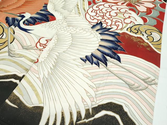 平和屋本店●極上 アンティーク 大正ロマン 振袖 駒刺繍 立波飛鶴花文 黒地 金彩 逸品 CZAA4771s6
