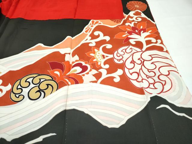 平和屋本店●極上 アンティーク 大正ロマン 振袖 駒刺繍 立波飛鶴花文 黒地 金彩 逸品 CZAA4771s6