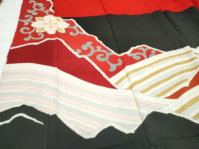 平和屋本店●極上 アンティーク 大正ロマン 振袖 駒刺繍 立波飛鶴花文 黒地 金彩 逸品 CZAA4771s6
