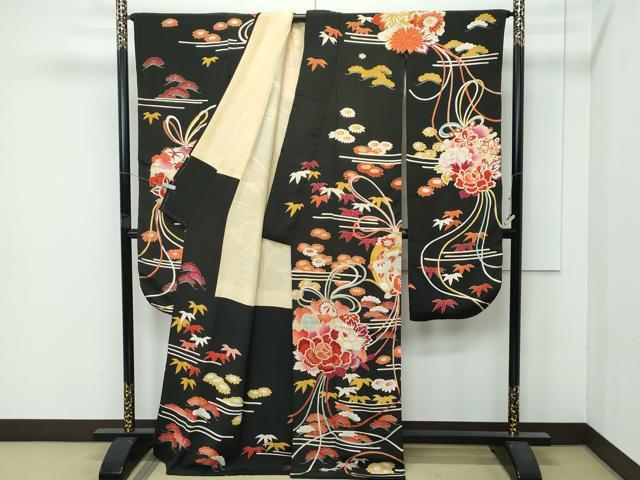 平和屋着物●極上 アンティーク 大正ロマン 振袖 駒刺繍 松竹梅草花文 黒地 金彩 逸品 CZAA4772s6