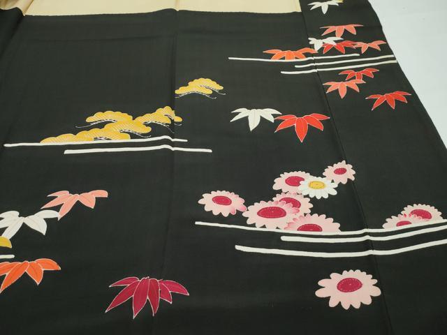 平和屋着物●極上 アンティーク 大正ロマン 振袖 駒刺繍 松竹梅草花文 黒地 金彩 逸品 CZAA4772s6