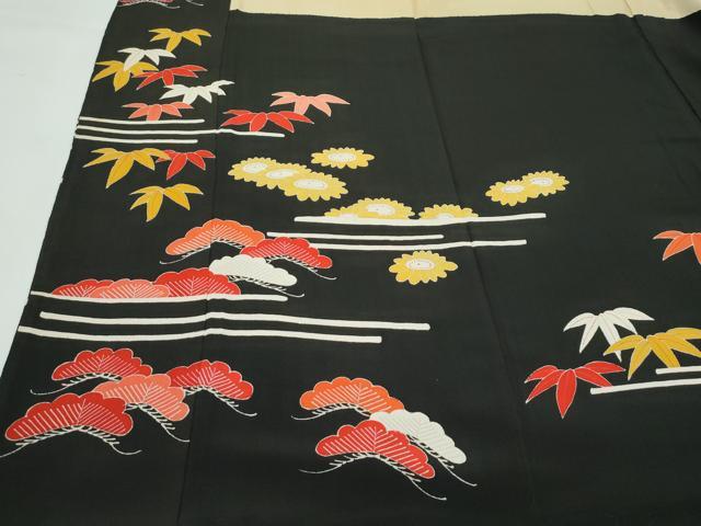 平和屋着物●極上 アンティーク 大正ロマン 振袖 駒刺繍 松竹梅草花文 黒地 金彩 逸品 CZAA4772s6
