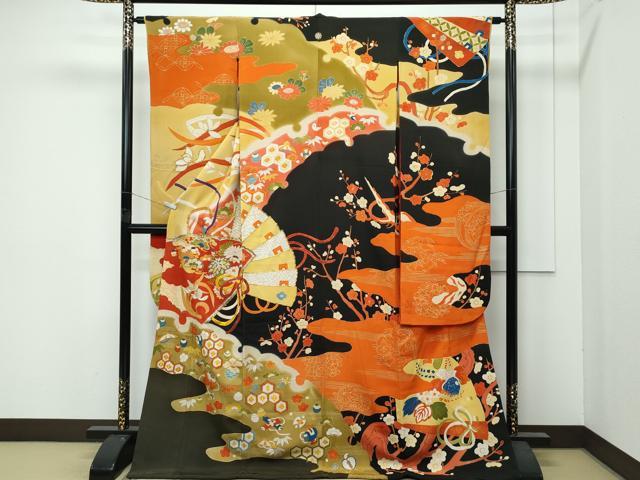 平和屋着物●極上 アンティーク 大正ロマン 振袖 駒刺繍 檜扇雪輪草花文 黒地 金彩 逸品 CZAA4773s6