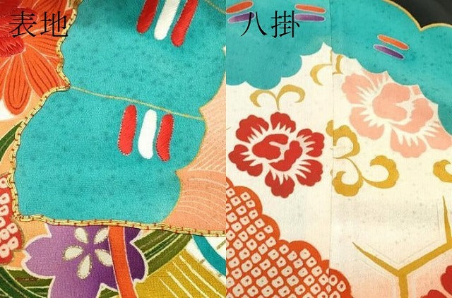 平和屋着物●極上 アンティーク 大正ロマン 振袖 駒刺繍 檜扇吉祥花文 暈し染め 金彩 逸品 CZAA4775s6