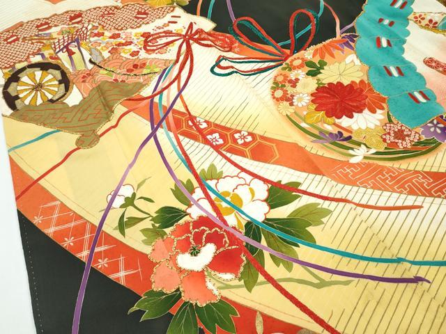 平和屋着物●極上 アンティーク 大正ロマン 振袖 駒刺繍 檜扇吉祥花文 暈し染め 金彩 逸品 CZAA4775s6