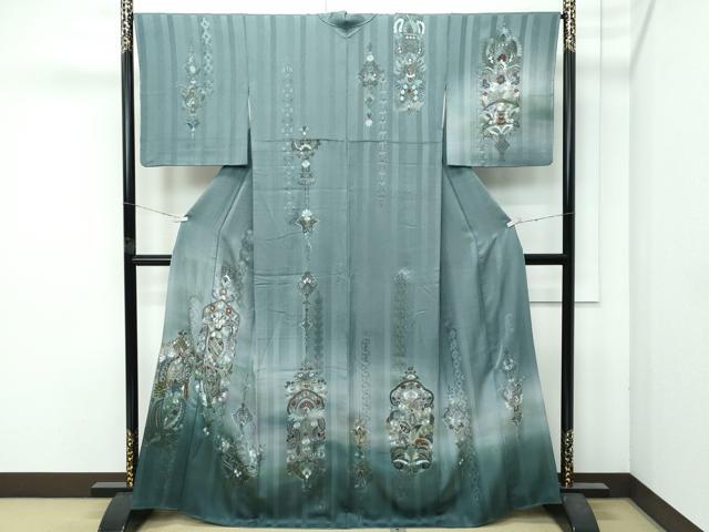 平和屋本店●極上 訪問着 総刺繍 翆山刺繍 飾花文 暈し染め 金糸 柳煤竹色地 逸品 CZAA4799s6