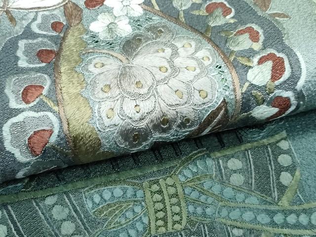 平和屋本店●極上 訪問着 総刺繍 翆山刺繍 飾花文 暈し染め 金糸 柳煤竹色地 逸品 CZAA4799s6