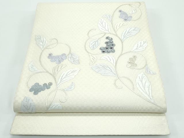 平和屋着物●極上 太鼓柄袋帯 総刺繍 ラインストーン 葡萄唐草文 銀通し地 逸品 未使用 CZAA4813s6