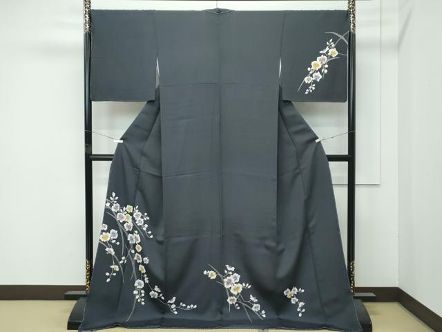 平和屋着物●極上 訪問着 草花文 墨色地 逸品 未使用 CZAA4829s6