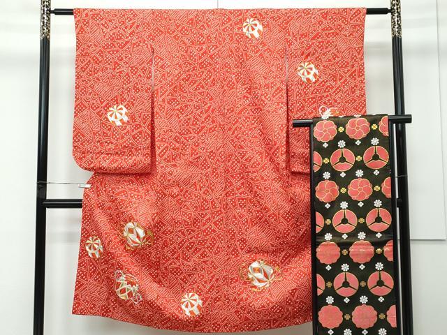 平和屋着物[]極上 七五三 女の子 7歳 祝着・袋帯セット 駒刺繍 絞り 毬