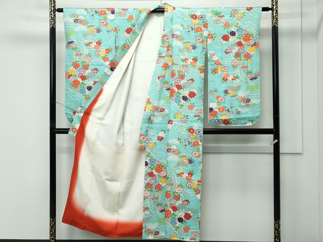 平和屋本店∵極上 創業460年・千總 女の子 十三参り 子供 祝着 松竹梅流水花文 金彩 青磁色地 逸品 CZAA4846s6