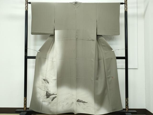 平和屋着物▽極上　訪問着　単衣　作家物　手描き　立波文　暈し染め　利休色地　井筒屋謹製　逸品　CZAA4850s6 平和屋着物▽極上 訪問着 単衣 作家物 手描き 立波文 暈し染め 利休色