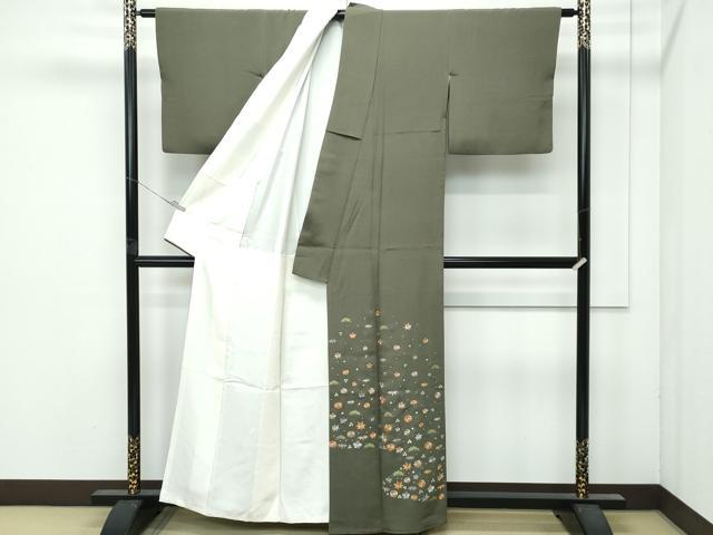 平和屋本店●極上 京都老舗銘店・に志田 色留袖 総刺繍 松竹梅花文 金糸 藍媚茶色地 たとう紙付き 逸品 CZAA4882s6
