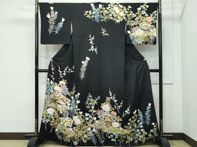 平和屋本店●極上 訪問着 総刺繍 鴛鴦草花文 暈し染め 黒地 金彩 逸品 未使用 CZAA4886s6