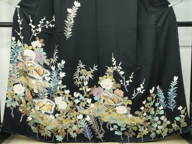 平和屋本店●極上 訪問着 総刺繍 鴛鴦草花文 暈し染め 黒地 金彩 逸品 未使用 CZAA4886s6