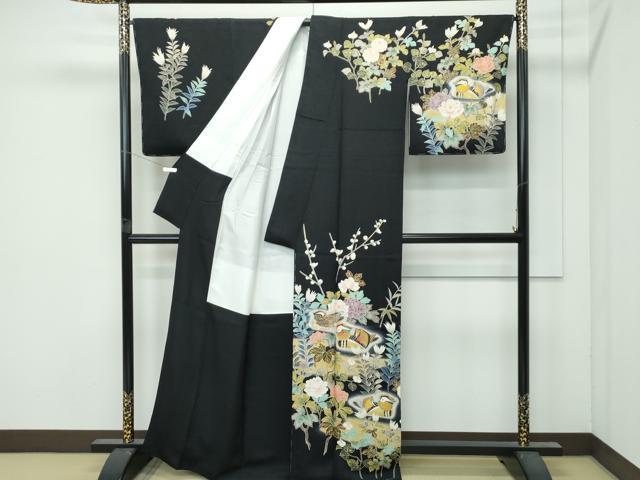 平和屋本店●極上 訪問着 総刺繍 鴛鴦草花文 暈し染め 黒地 金彩 逸品 未使用 CZAA4886s6