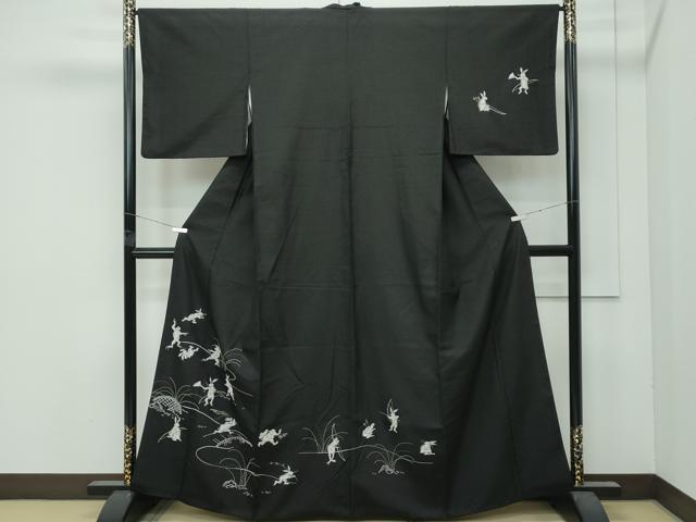 平和屋本店●極上 訪問着 紬地 中国三大刺繍 総相良刺繍 黒地 やまと誂製 逸品 CZAA4899s6