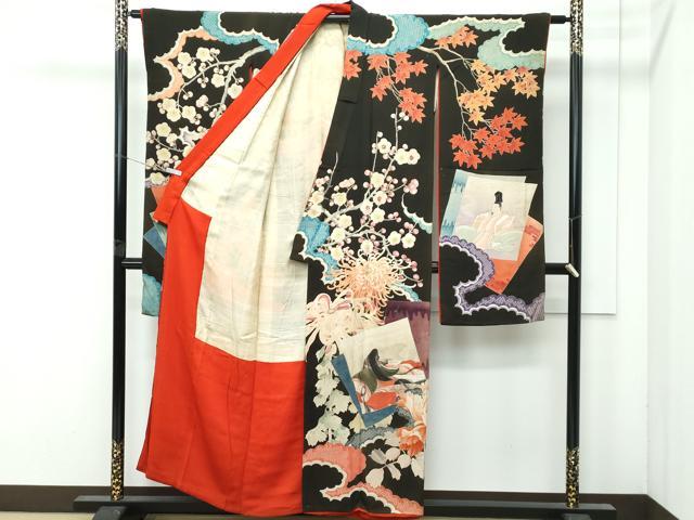 平和屋着物●極上 アンティーク 大正ロマン 振袖 色紙重ね人物花文 十二単 黒地 逸品 CZAA4902s6
