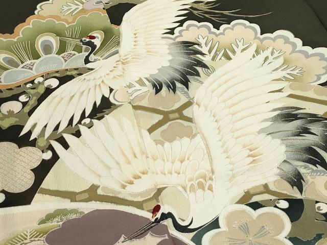 平和屋着物●極上 アンティーク 大正ロマン 振袖 駒刺繍 中国三大刺繍 相良刺繍 飛鶴草花文 暈し染め 黒地 金彩 逸品 CZAA4904s6