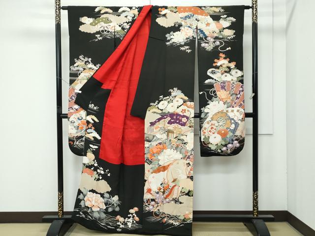 平和屋着物●極上 アンティーク 大正ロマン 振袖 駒刺繍 檜扇風景花文 黒地 金彩 逸品 CZAA4905s6
