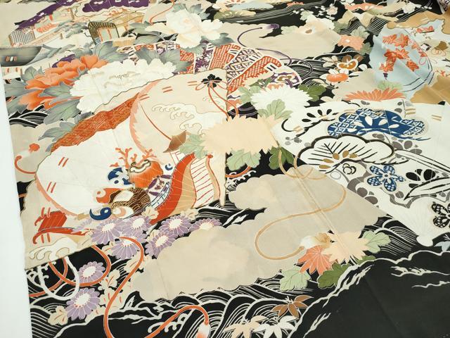 平和屋着物●極上 アンティーク 大正ロマン 振袖 駒刺繍 檜扇風景花文 黒地 金彩 逸品 CZAA4905s6