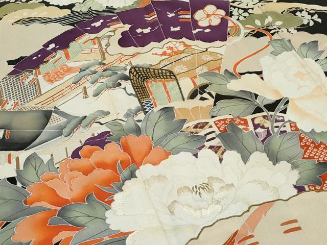 平和屋着物●極上 アンティーク 大正ロマン 振袖 駒刺繍 檜扇風景花文 黒地 金彩 逸品 CZAA4905s6