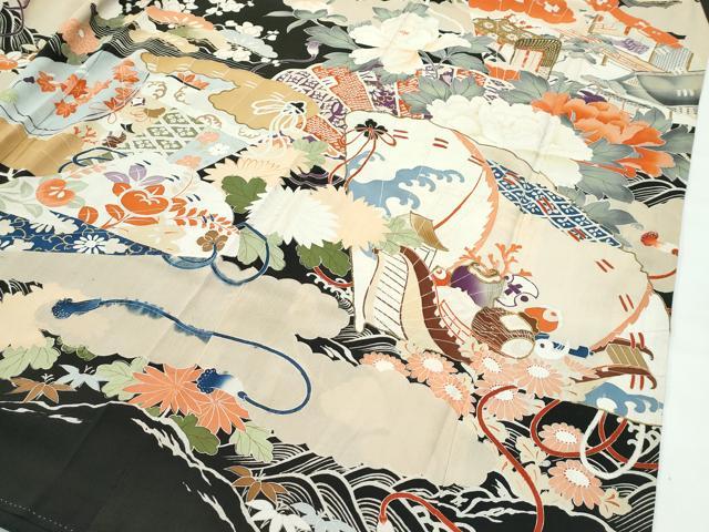 平和屋着物●極上 アンティーク 大正ロマン 振袖 駒刺繍 檜扇風景花文 黒地 金彩 逸品 CZAA4905s6