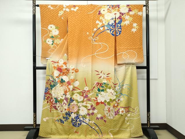平和屋着物○極上 アンティーク 大正ロマン 小振袖 駒刺繍 花車文 暈し