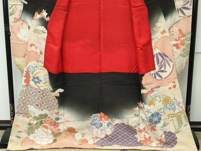 平和屋着物●極上 アンティーク 大正ロマン 振袖 駒刺繍 中国三大刺繍 相良刺繍 鳳凰飛鶴吉祥花 暈し染め 黒地 金彩 逸品 CZAA4908s6
